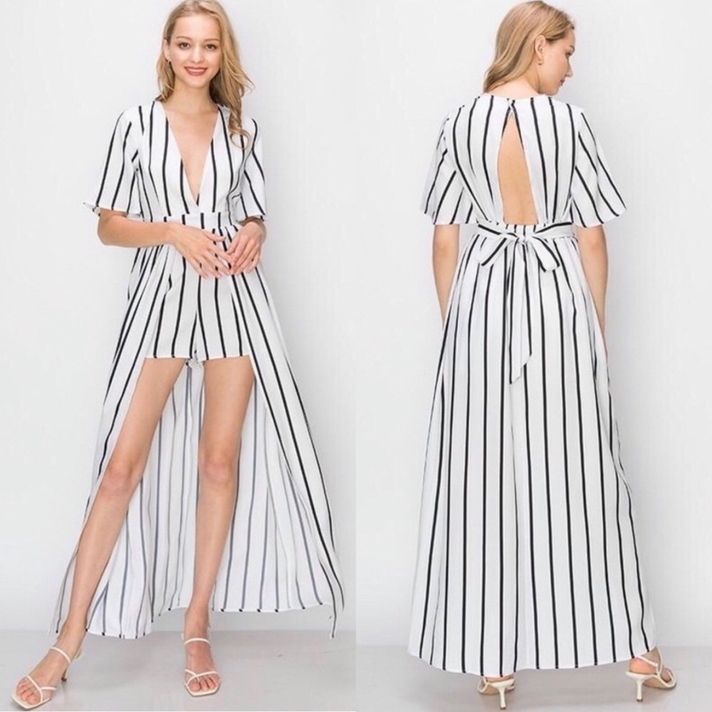 Fun & Flirty White Kimono Sleeve Romper with Maxi Overlay